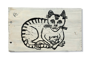 Objekt – Linolschnitt "Katze mit Jungem"